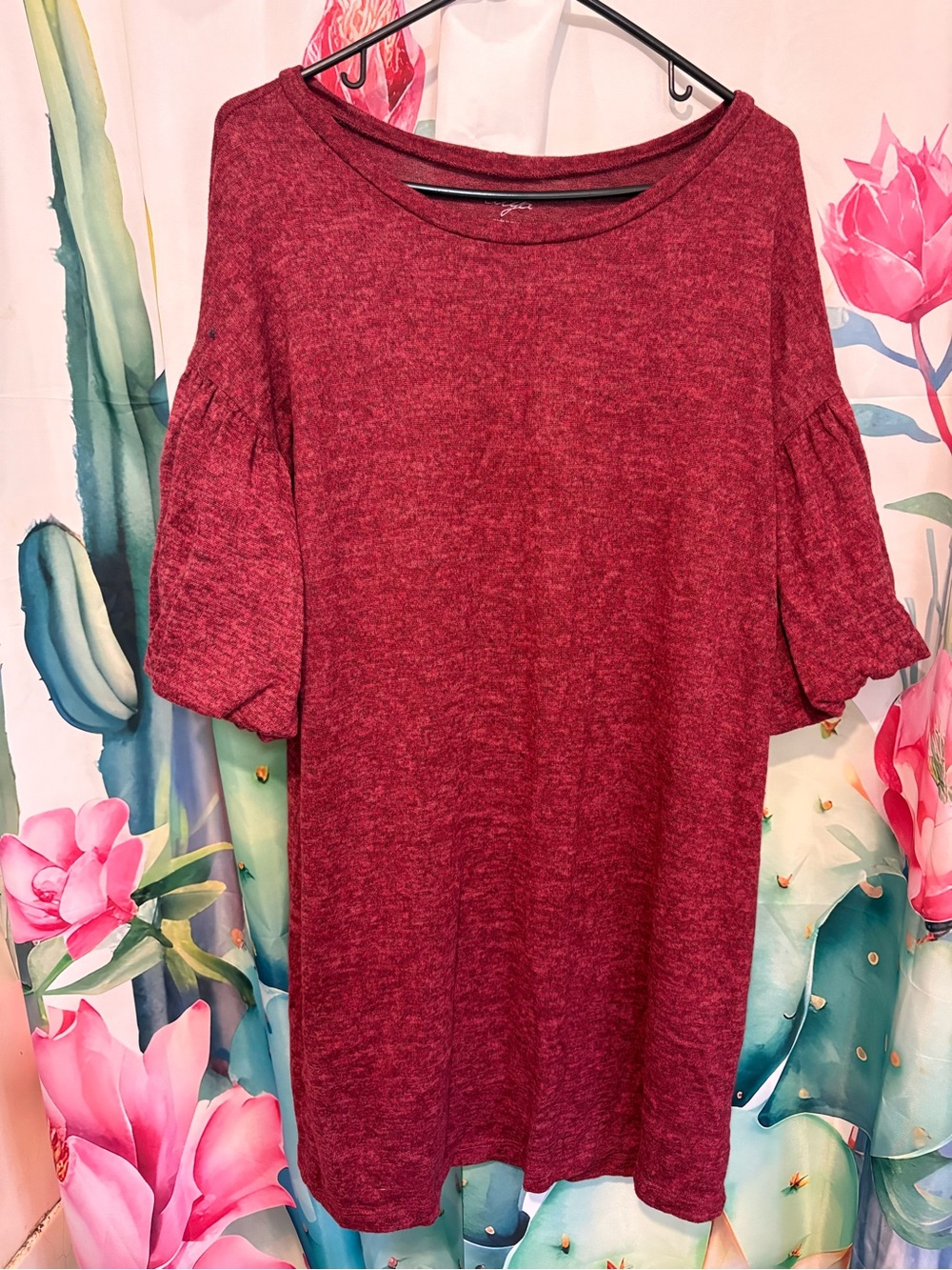 Alya Women’s M Burgundy Solid Knit Ruffle Sleeve Round Neck Pullover Top Med